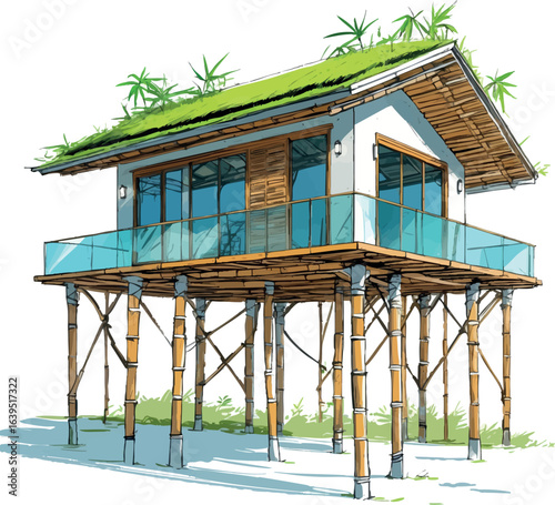 Modern Indonesian stilt house sketch. Hand-drawn cultural fusion home vector isolated on white.