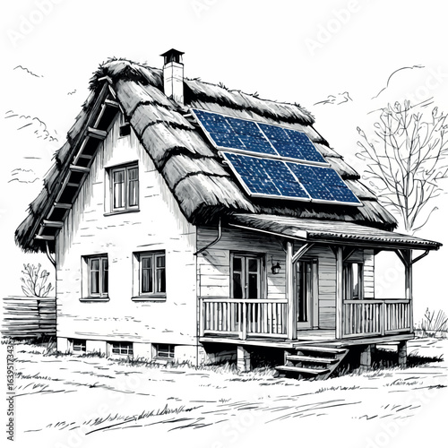 Modern Ukrainian rural house with solar roof. Hand-drawn traditional home vector isolated on white.