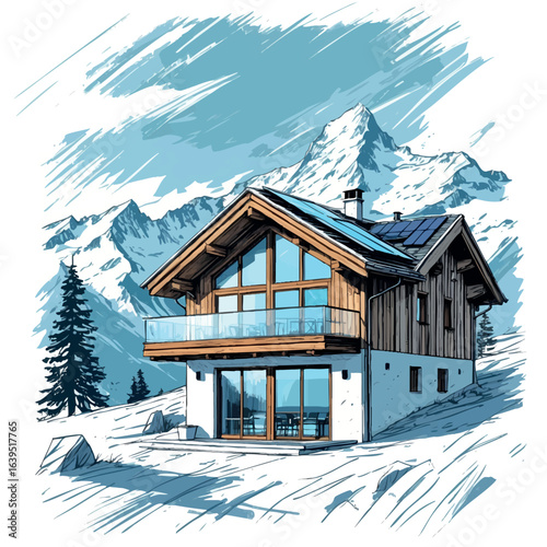 Modern alpine chalet sketch with solar glass elements. Hand-drawn mountain home vector isolated on white.