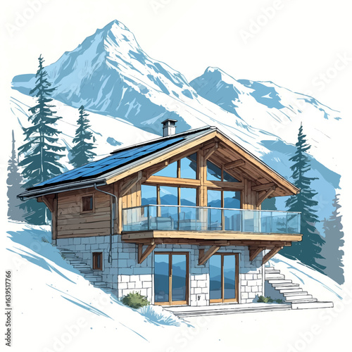Modern alpine chalet sketch with solar glass elements. Hand-drawn mountain home vector isolated on white.