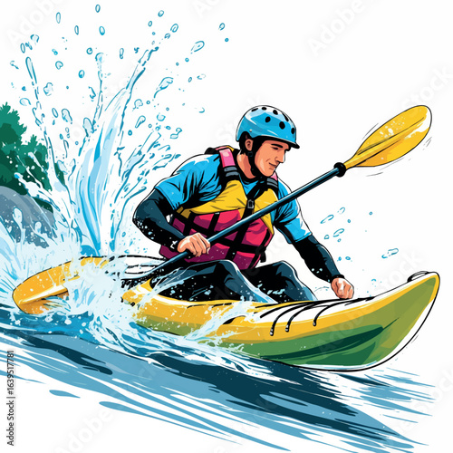 Kayaker sketch with helmet in rapids. Hand-drawn extreme water sport vector isolated on white.