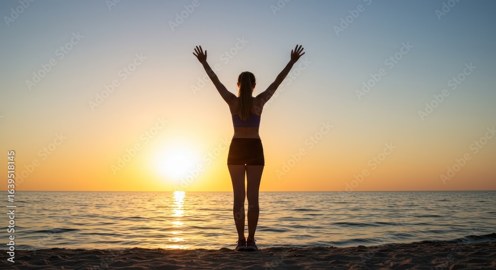 Athletic Woman Raising Arms at Vibrant Sunrise on Beach Athletic Woman Raising Arms at Vibrant Sunrise on Beach