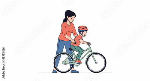 Mother Guiding Child on Bicycle for First Ride Lessons