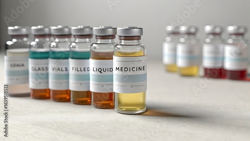 Closeup of glass vials filled with liquid medicine on a white surface