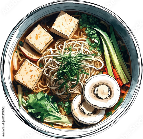 Hand-drawn vegan ramen bowl sketch illustration. Japanese soup with tofu and vegetables, loose pen strokes design isolated on white background.