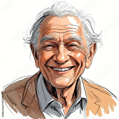 Smiling elderly man sketch. Gentle emotional portrait, vector line drawing.