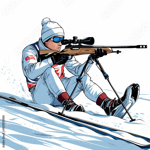 Biathlon athlete sketch with rifle and skis. Hand-drawn winter sport vector isolated on white.