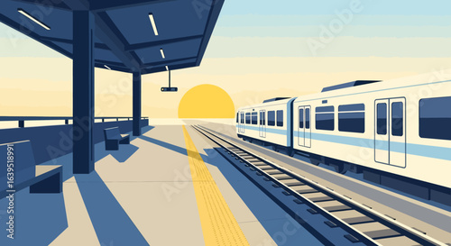 Modern train at station platform with sunset backdrop and geometric design