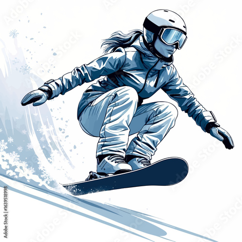 Female snowboarder sketch with helmet and goggles. Hand-drawn winter sport vector isolated on white.