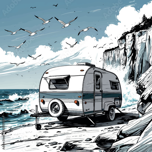 Camper by ocean cliff sketch with seagulls. Hand-drawn coastal travel vector isolated on white.