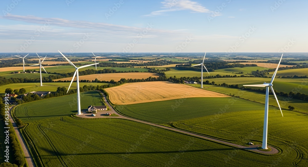 Obraz premium Wind Turbines in Green Agricultural Landscape Under Blue Sky