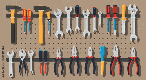 Organized tools hanging on a pegboard, including hammers, wrenches, screwdrivers, and pliers