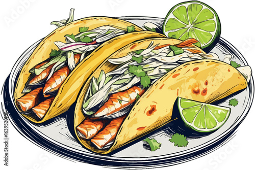 Vintage cookbook style fish tacos sketch with slaw and lime. Mexican fusion cuisine illustration with detailed line work, vector design isolated on white background.