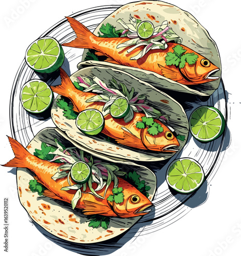 Vintage cookbook style fish tacos sketch with slaw and lime. Mexican fusion cuisine illustration with detailed line work, vector design isolated on white background.