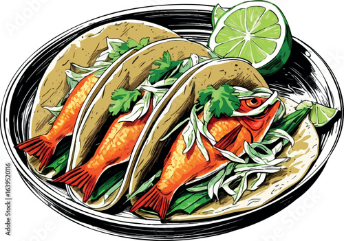 Vintage cookbook style fish tacos sketch with slaw and lime. Mexican fusion cuisine illustration with detailed line work, vector design isolated on white background.