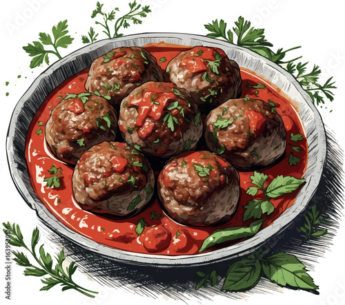 Vintage cookbook style meatball sketch with tomato sauce. Cross-section view of classic comfort food with detailed texture, vector illustration isolated on white background.