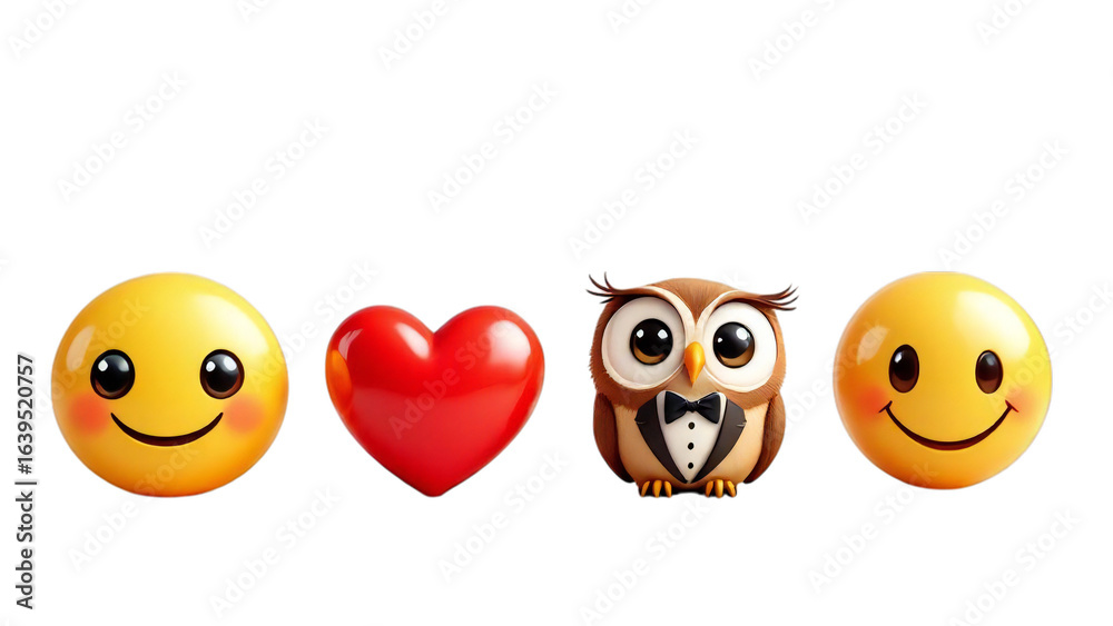 Obraz premium A cheerful yellow smiley face emoji, a glossy red heart symbol, and a cute cartoon owl wearing a tuxedo and bow tie, all isolated on a transparent background, representing happiness, love, and wisdom