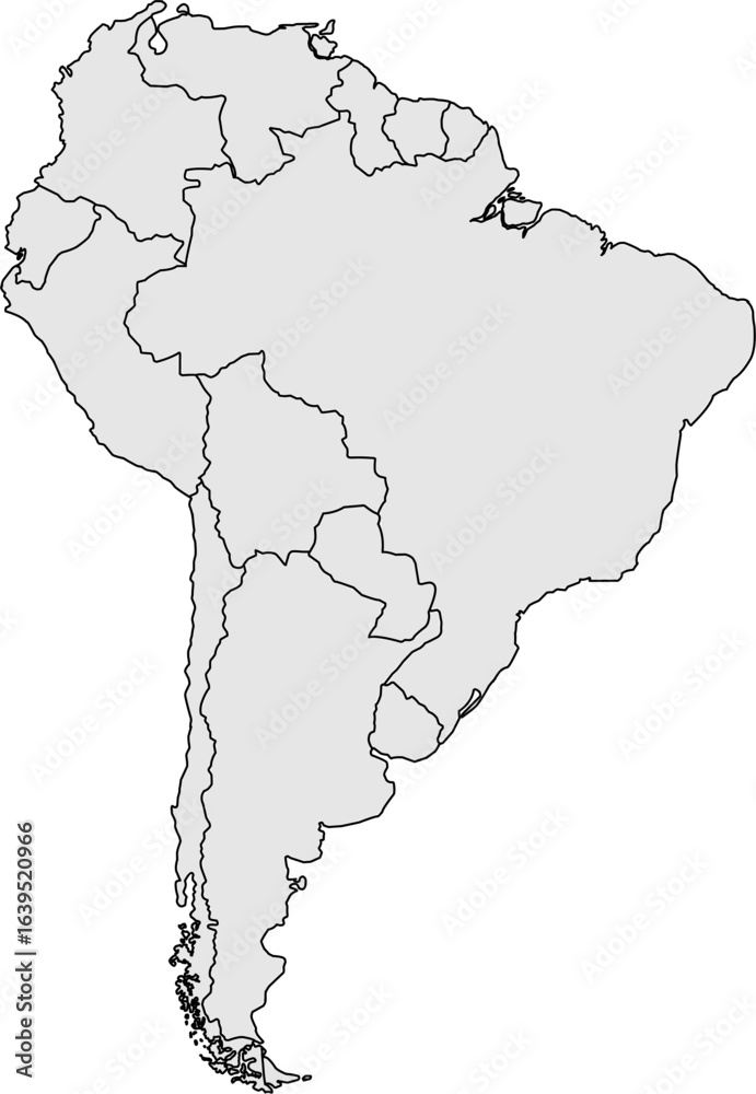 Obraz premium Clean, minimalist gray map of South America with distinct country borders. Ideal for modern educational content, data visualization, or professional presentations