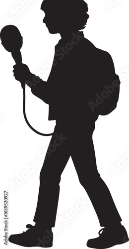  A man catching the mike full image in silhouette image white background.