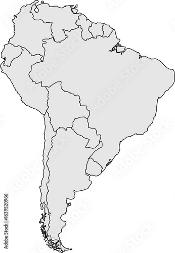 Clean, minimalist gray map of South America with distinct country borders. Ideal for modern educational content, data visualization, or professional presentations