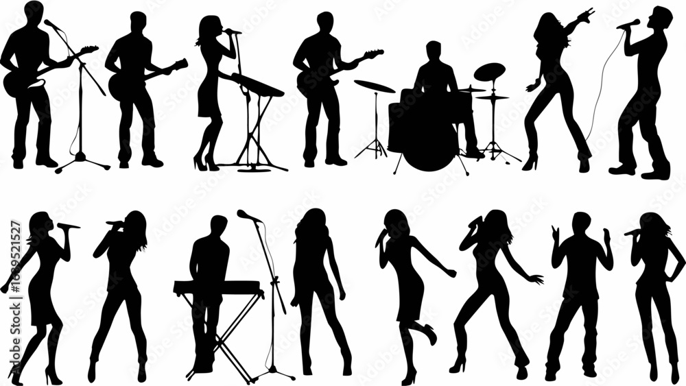Obraz premium Silhouette illustrations of a musical band performing on stage with singers and instruments present | editable eps vectors