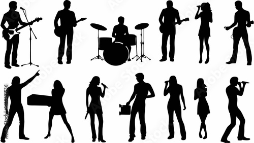 Silhouette of a musical band performing with guitars drums and singers on a white background stage show | editable eps vectors