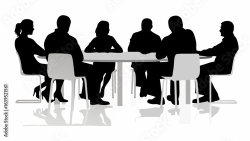 Silhouette of six people sitting around a table in a meeting with chairs and a white background shown | editable eps vectors