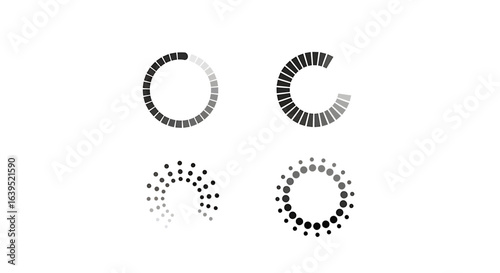 Four loading icons with unique designs, commonly used in digital interfaces to show ongoing processes or data loading. The icons include circles, segments, and dots.