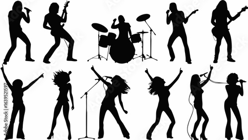 Silhouette illustration of a rock band performing on stage with musicians and musical instruments such as drums | editable eps vectors