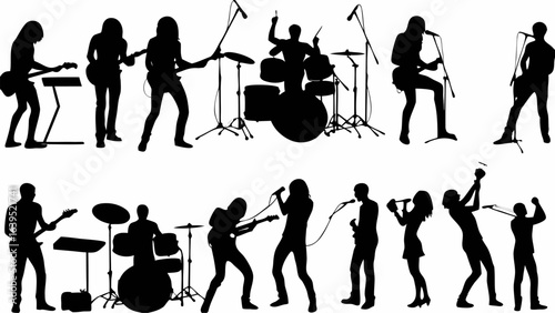 Silhouette illustration of a rock band performing on stage with various instruments and vocalists in concert | editable eps vectors