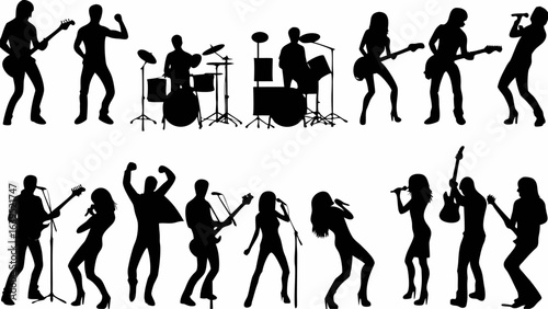 Silhouette illustration of a rock band performing with guitars drums and singers on a white background | editable eps vectors