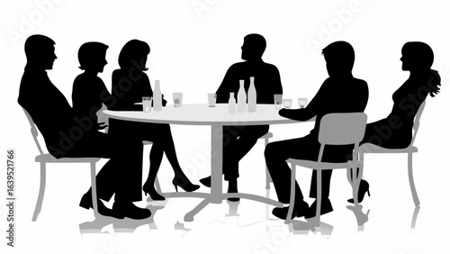 Silhouette of six people sitting around a table with drinks and bottles in a gathering setting indoors | editable eps vectors