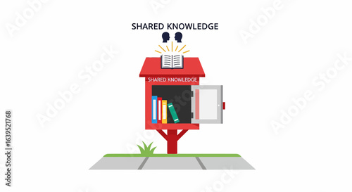 Red Little Free Library with Open Book and Silhouetted Heads Sharing Knowledge