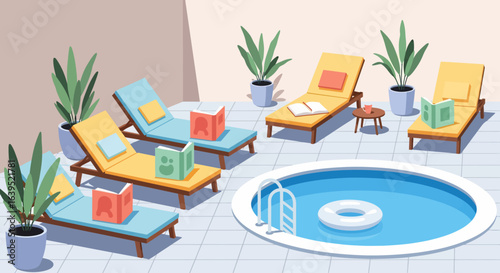 Relaxing Poolside Reading Nook with Colorful Loungers
