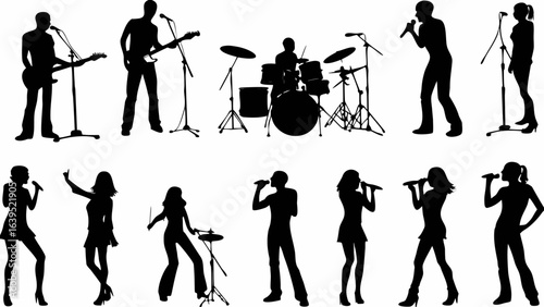 Silhouette illustration of a band performing with singers guitarists and a drummer on a white background | editable eps vectors