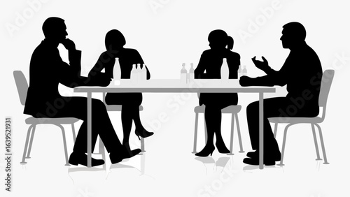 Silhouetted people sitting around a table in a meeting with bottles and glasses on the table in black and white | editable eps vectors