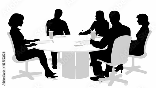 Silhouetted figures around a round table in a meeting with drinks and papers on the table top view | editable eps vectors