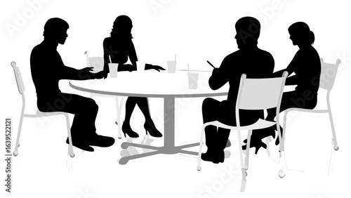 Silhouettes of four people sitting around a round table with drinks in a bright white background scene | editable eps vectors