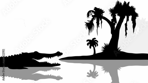 Silhouette of an alligator in water near a land with palm trees and a large tree with hanging vines one hundred | editable eps vectors