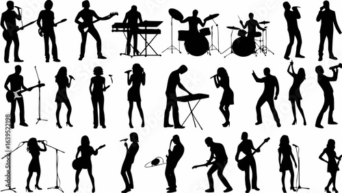 Silhouette illustration depicting a variety of musicians performing with instruments and singing on stage | editable eps vectors