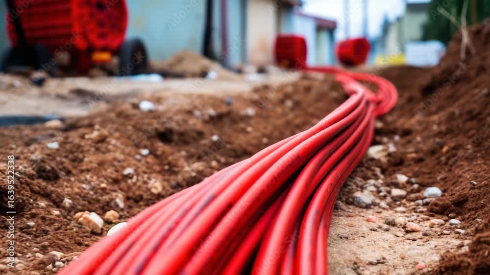Red electrical cables laid in a trench during construction or installation work