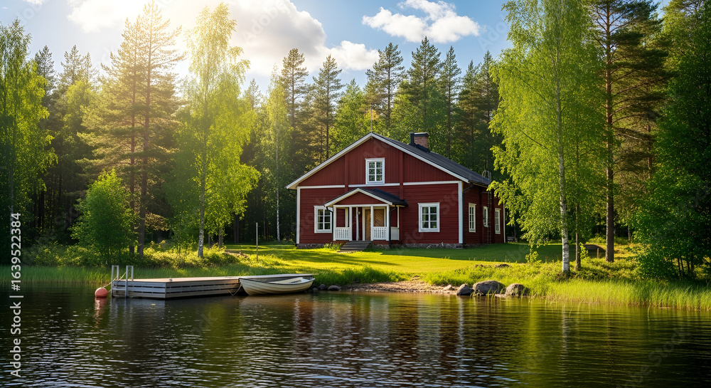 Fototapeta premium Beautiful Lake with Wooden House and Green Trees