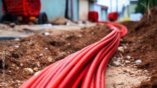 Red electrical cables laid in a trench during construction or installation work