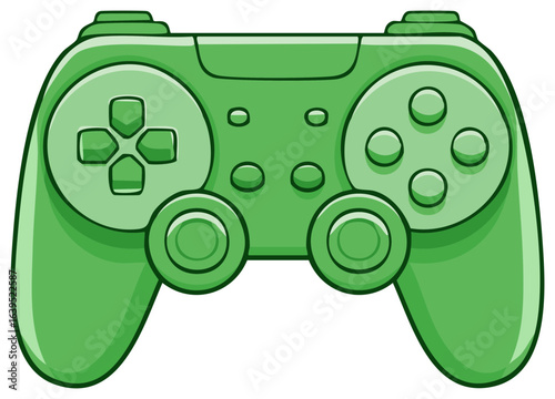 Green cartoon game controller with directional pad and buttons for digital entertainment