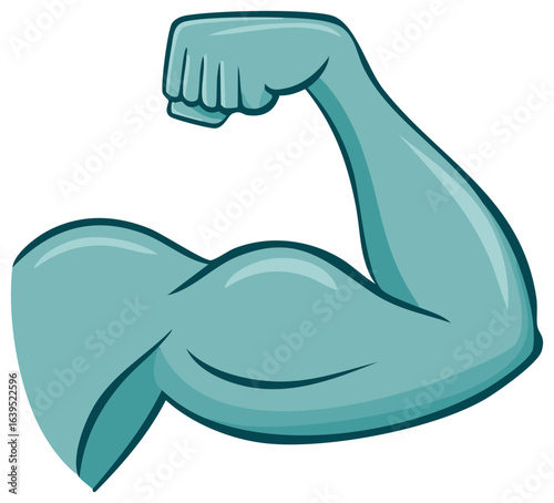 Cartoon illustration of a flexing blue-green bicep with a clenched fist, symbolizing strength and power.