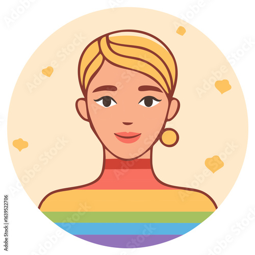 Smiling woman with rainbow clothing in round illustration, LGBT concept.