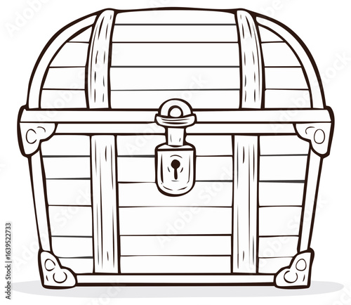 Line art illustration of a wooden treasure chest, with lock, storage container