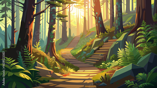A picture of a Pacific Northwest forest trail, curving through towering evergreens, golden sunlight filtering between moss-draped branches, guiding steps past emerald ferns, delicate wildflowers, and 