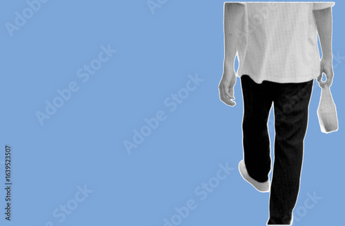rear view of man walking while holding plastic bag pixelate grayscale color halftone dotted texture style collage element isolated on blue background