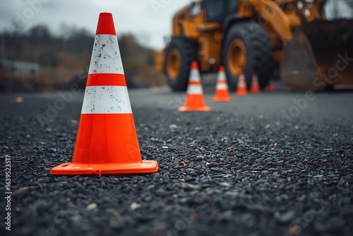 Traffic cones placed on an asphalt road surface to provide warning and safety during road construction and maintenance
